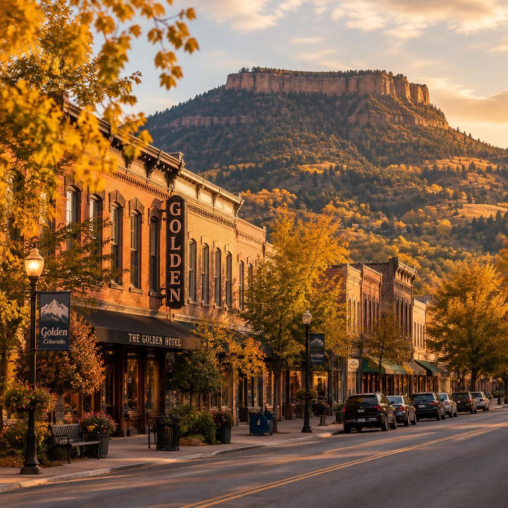 Historic downtown Golden, Colorado with a flat-topped mesa glowing at sunset
