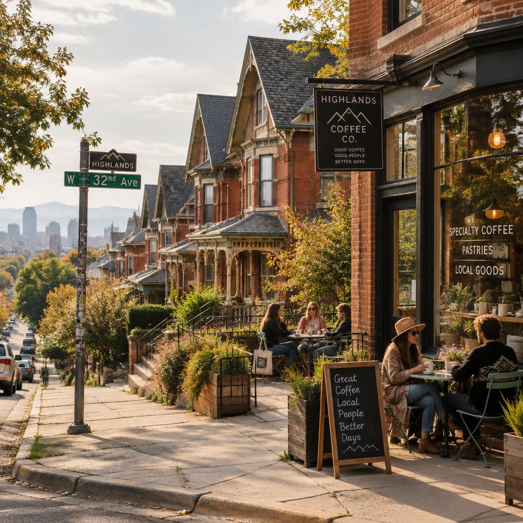 Historic Victorian brick homes and a corner coffee shop in the Highlands, Denver