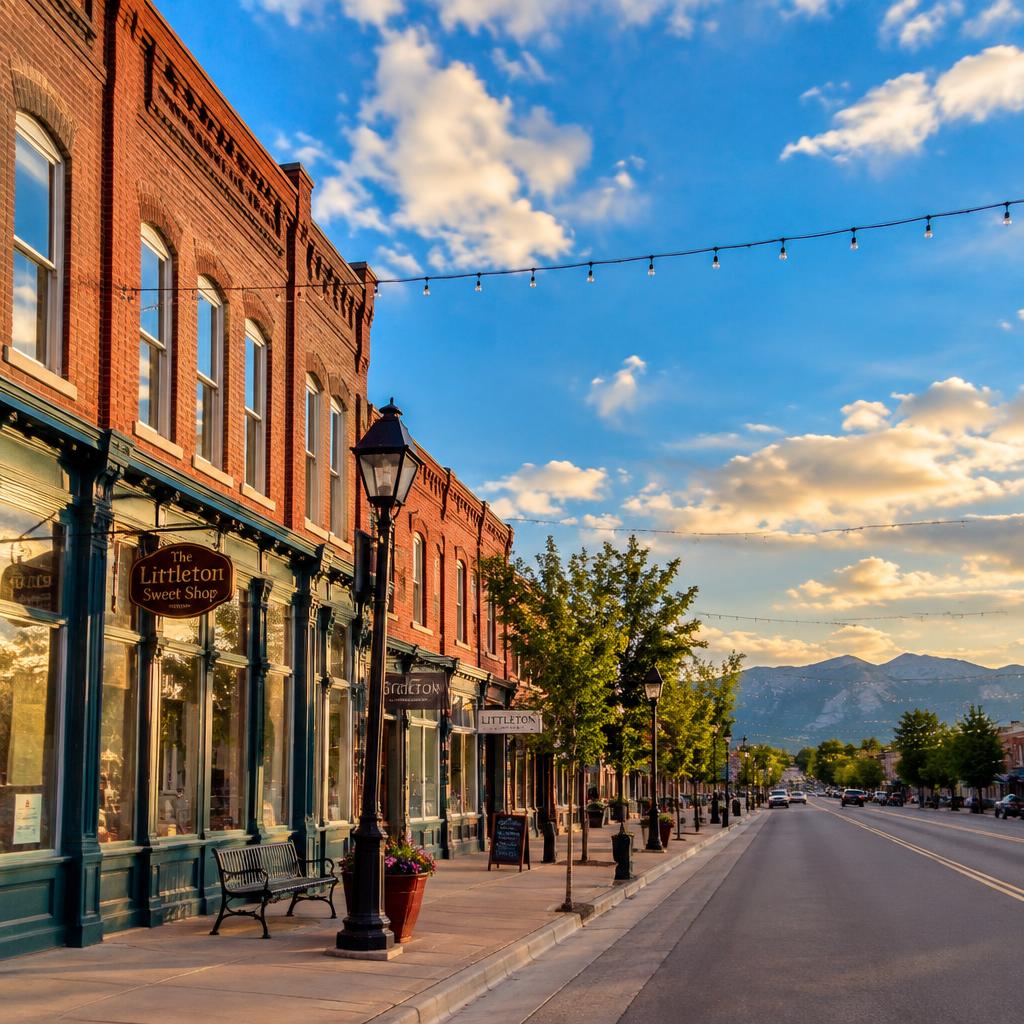 Historic main street in Old Town Littleton, Colorado on a summer evening