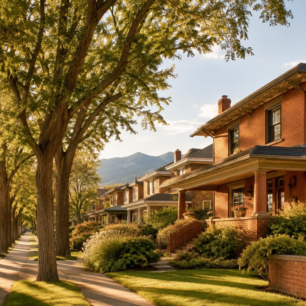 Brick bungalows beneath mature elm trees in Washington Park, Denver